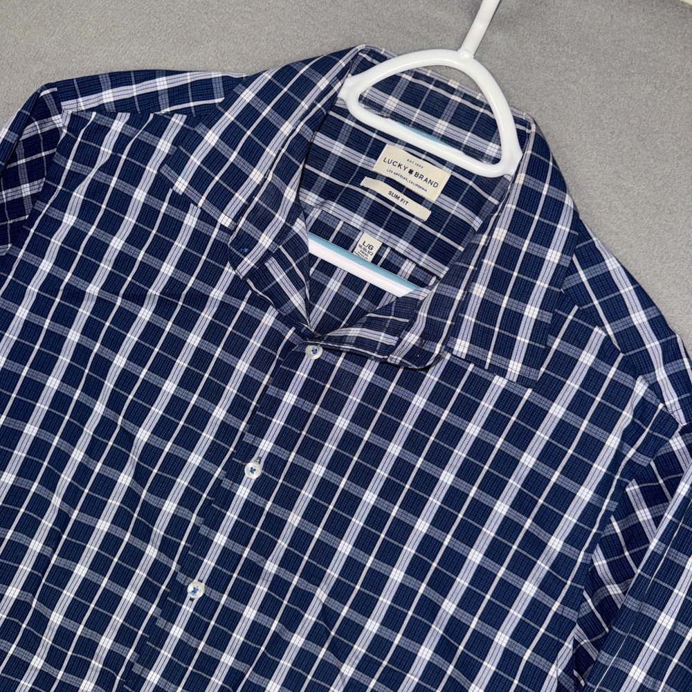 Lucky Brand Shirt Mens Large Blue Plaid Slim Fit Long Sleeve Stretch Button Down